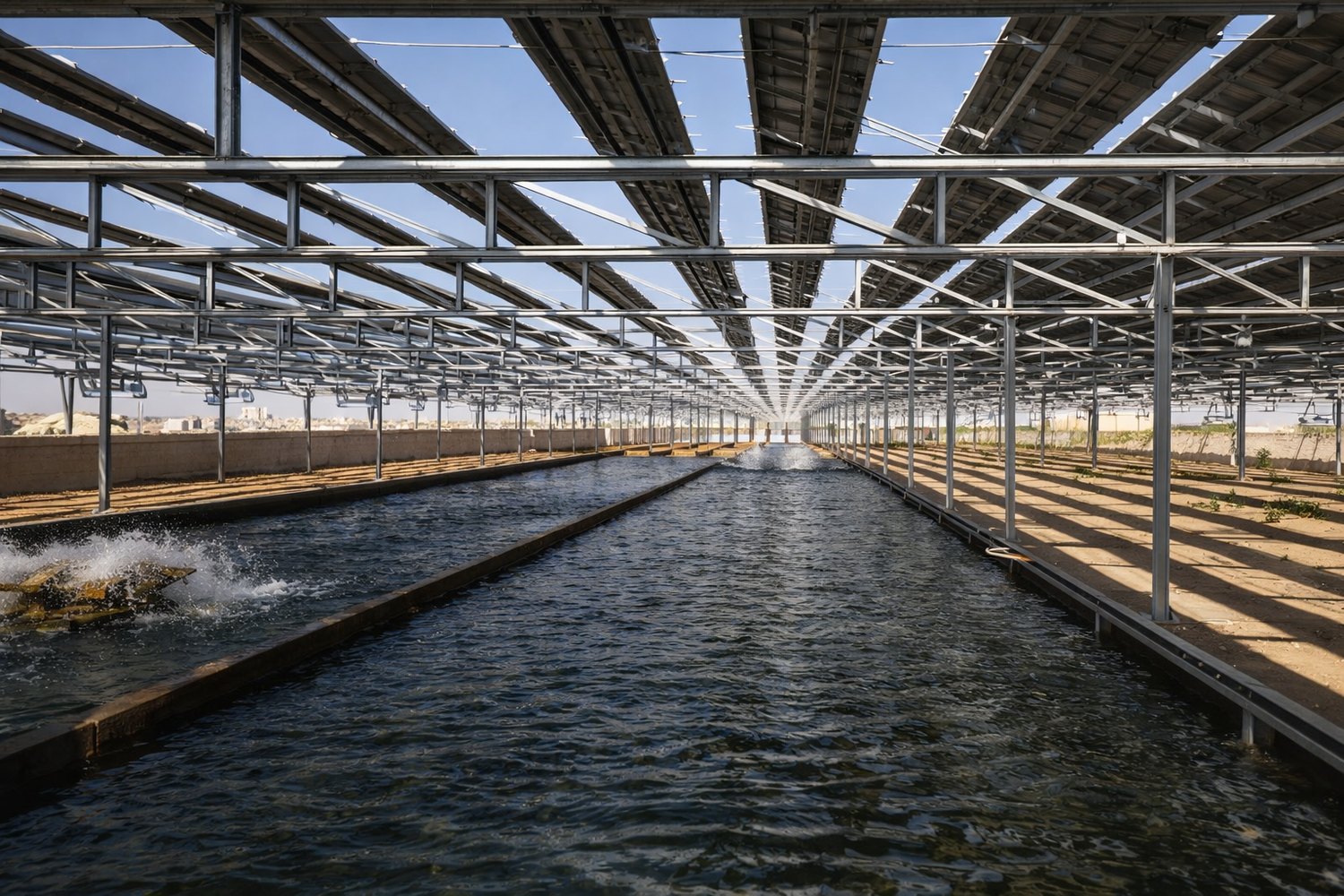 Solar panels installed over water treatment channels